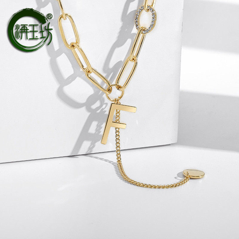 女潮ins嘻哈长款毛衣配饰链新款个性锁骨链送女友 香槟金色字母f项链