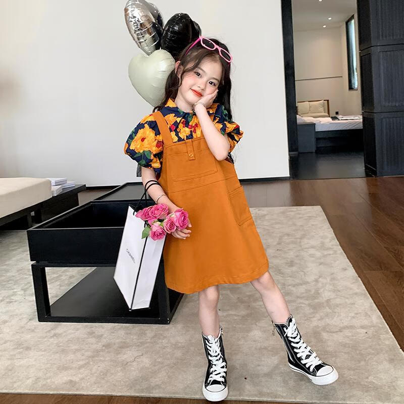 喜雅萌90年代儿童服装复古港风童装走秀女童套装儿童高档背带裙 黄色