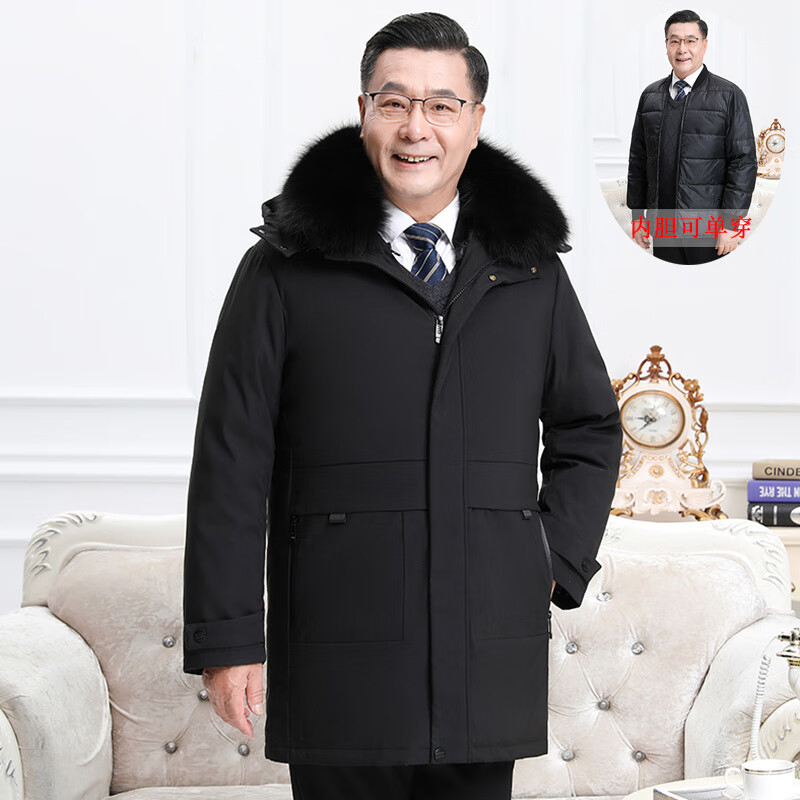 加厚活里活面爸爸羽绒服男士中长款大码毛领中老年可拆卸爷爷冬装 灰咖(带毛领) 2XL