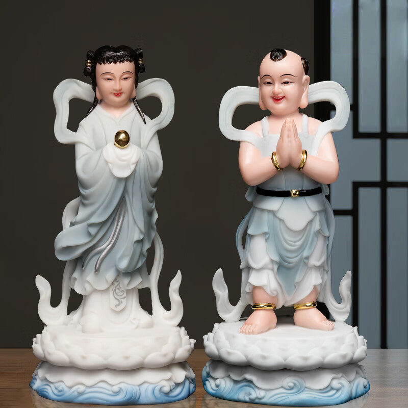 程帆匠心缘普莲普陀山招财善财童子龙女汉白玉金童玉女佛室内像佛前