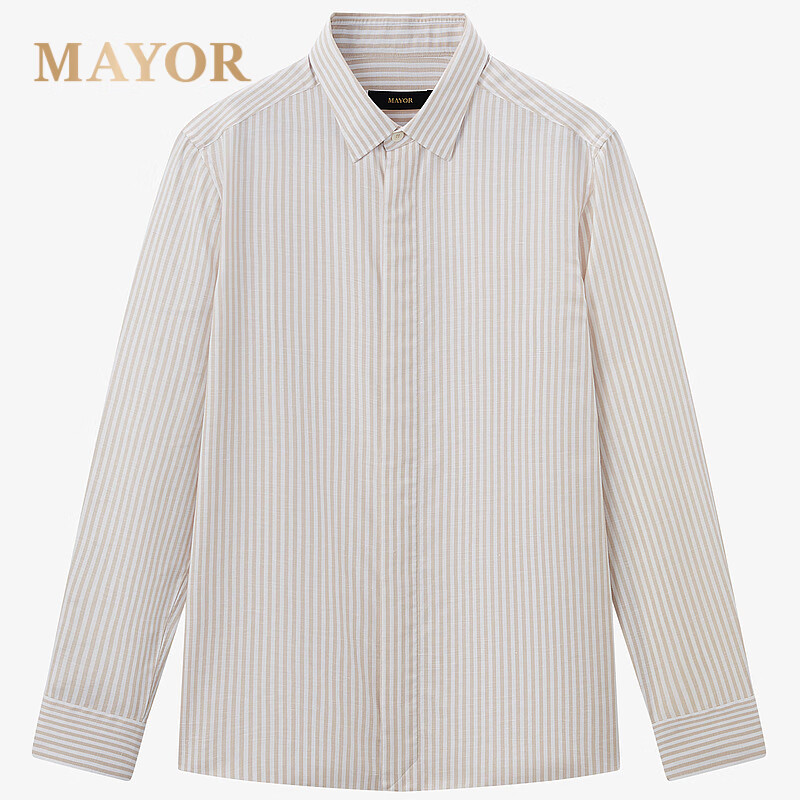 MAYOR男装春季300支棉汉麻桑蚕丝易烫绿条纹长袖衬衫 米黄 42