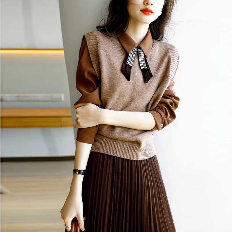 驼色 马甲 打底 半身裙 s