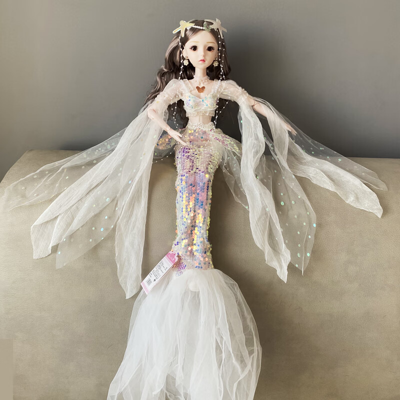 公主可换装唱歌芭芘洋娃娃长发女孩玩具礼物 白色美人鱼(衣服可脱)