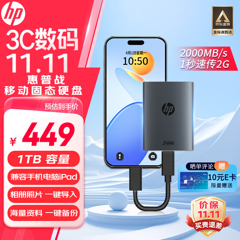 ���գ�HP��1TB ս�ƶ���̬Ӳ�� 2000MB/s�����ܶ�дType-C��Я���ø��ٴ��� ����ֻ�ֱ������Ӳ�� ��ɫ