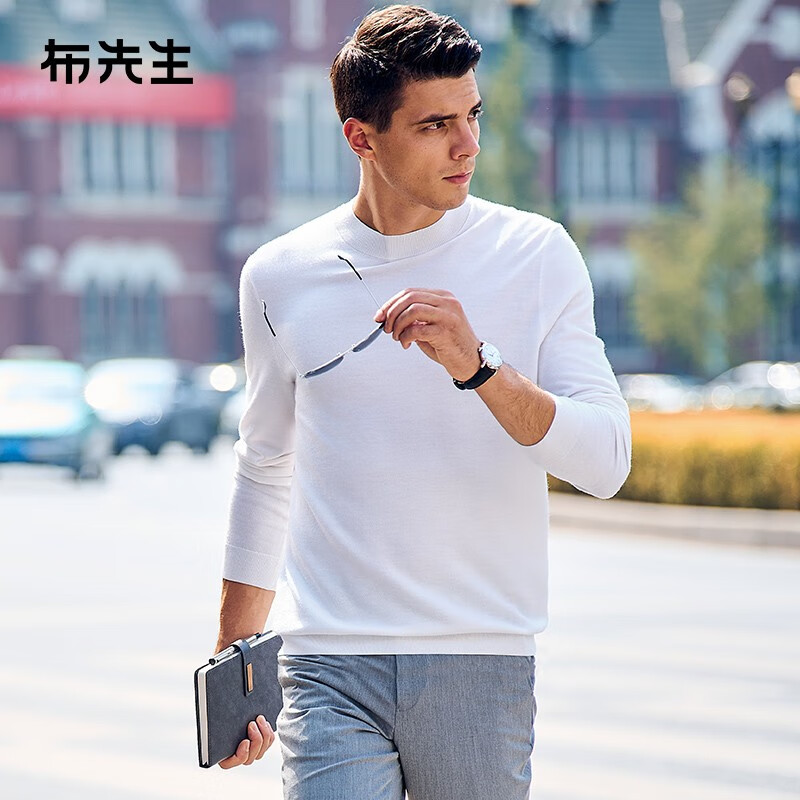 布先生佟大为明星同款秋冬可机洗毛T羊毛衫东方简奢风男士毛衣针织打底 【小高领】象牙白 L/175