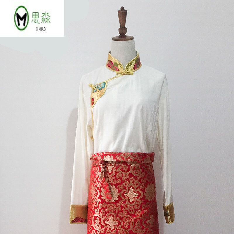 藏装女西藏藏风姜黄色白色衬衣 包边上衣藏族衣服女民族风品质定制款 白色(只上衣，不包含裙子) L