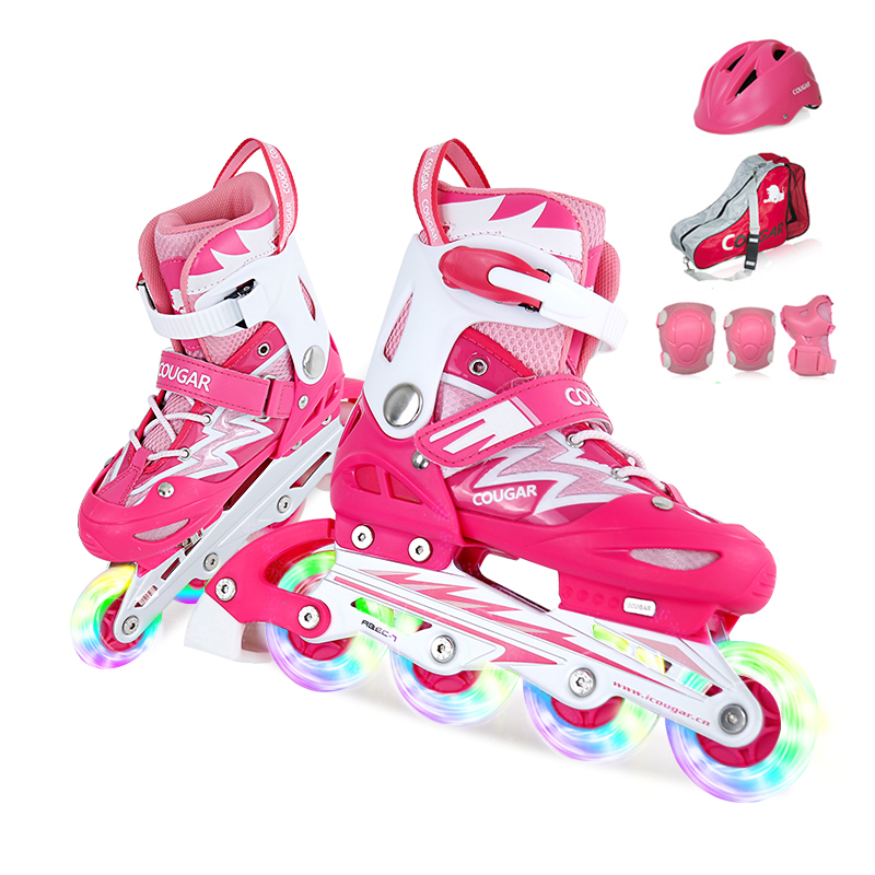 美洲狮（COUGAR）儿童可调休闲轮滑鞋刷街溜冰鞋全闪 MZS835L-QS 粉红S码
