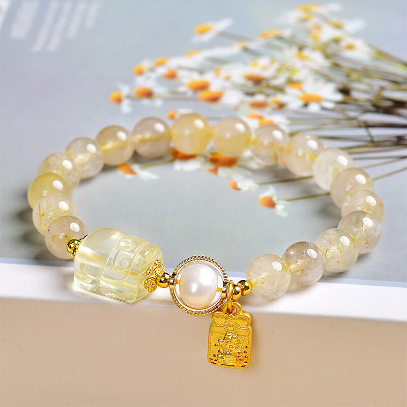 风水阁黄发晶珍珠手串黄水晶貔貅 · 黄水晶手串 黄水晶貔貅手链