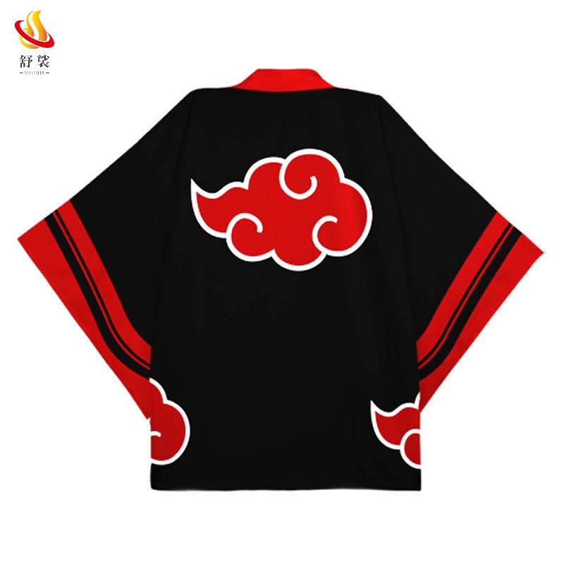 舒裟 火影曉組織紅云袍忍者羽織外套男衣服披風睡衣宇智波鼬cos服T恤 曉組織紅云款 M 均碼【適合身高150-175cm】