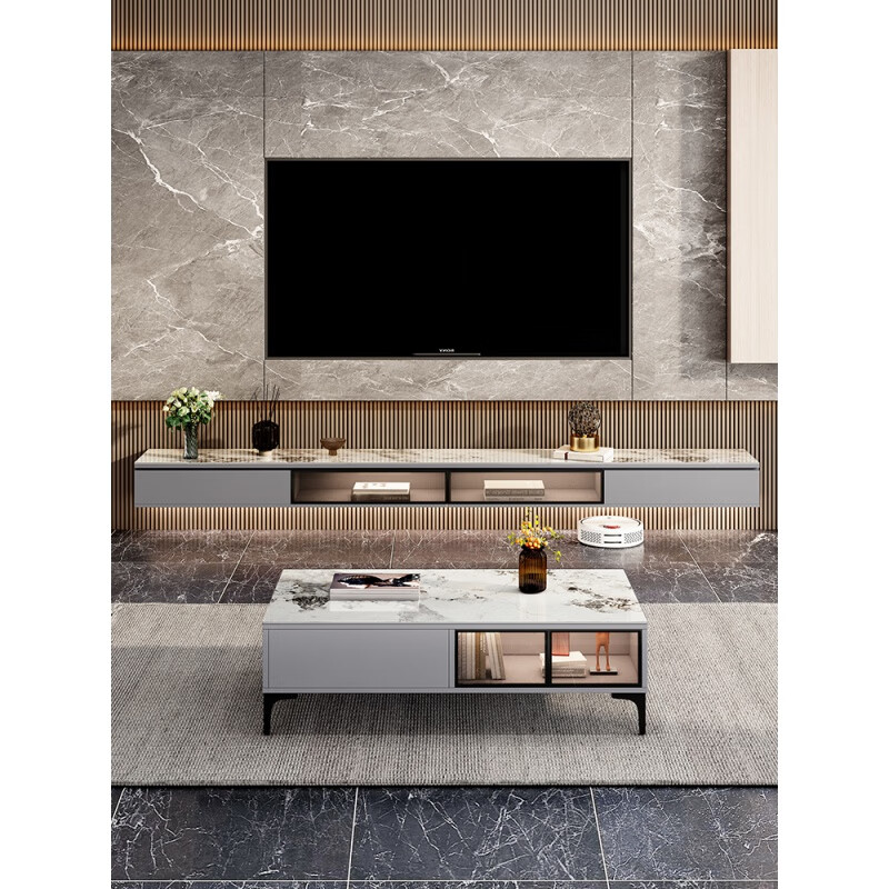 悬空电视柜现代简约轻奢悬空电视柜茶几组合客厅壁挂式潘多拉岩板地台