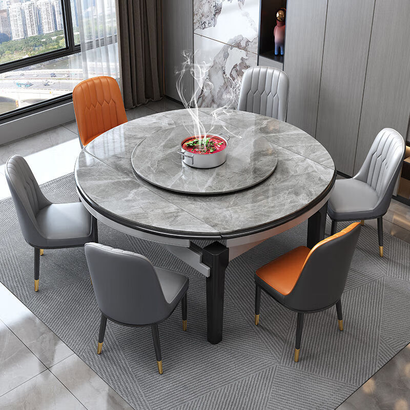 梵森荣2026新款岩板餐桌椅组合现代简约家用带电磁炉可伸缩方圆两用饭桌 黑白+雪山白亮光 1.35m  +8餐椅(皮椅)
