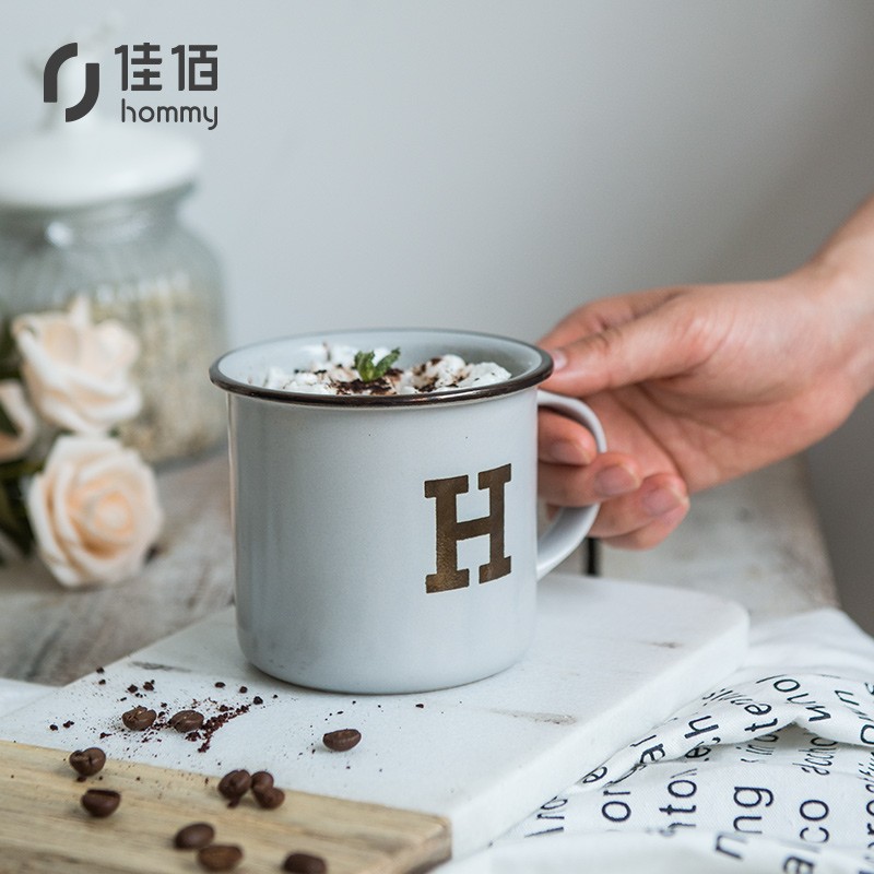 佳佰陶瓷杯子创意马克杯办公杯牛奶杯子 咖啡杯陶瓷杯创意杯H字母杯复古暖灰色