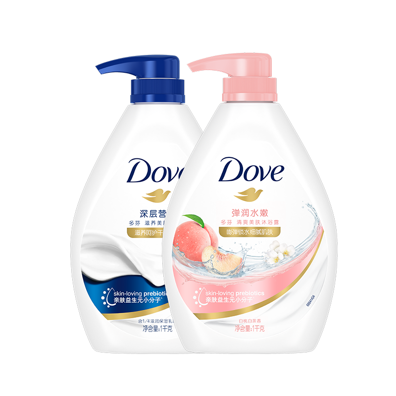 多芬（Dove）沐浴露香體持久留香沐浴乳液男女士保濕通用家庭裝大容量官方正品 深層營潤1千克+桃悅水透1千克