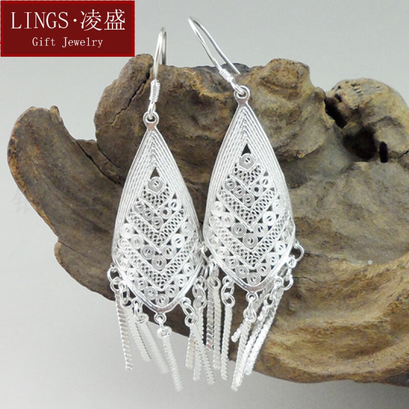 凌盛 手工999足银饰耳环流苏雪花银耳坠汉服古风耳饰足银 耳环一对