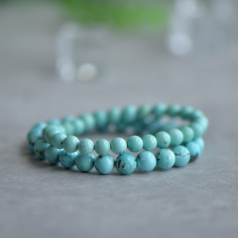 天然绿松石原矿手链 原创文艺女幸运夏天清凉生日礼物手串 天蓝色 6mm