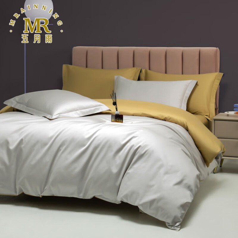 肤】单件长绒棉纯棉被罩被单双人简约纯色被单 双拼色:天空灰 落叶黄