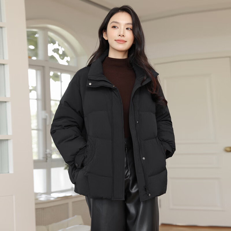 雪中飞女士时尚简约新中式廓形立领短款保暖【反季清仓】羽绒服抗寒 黑色 M 165/88A