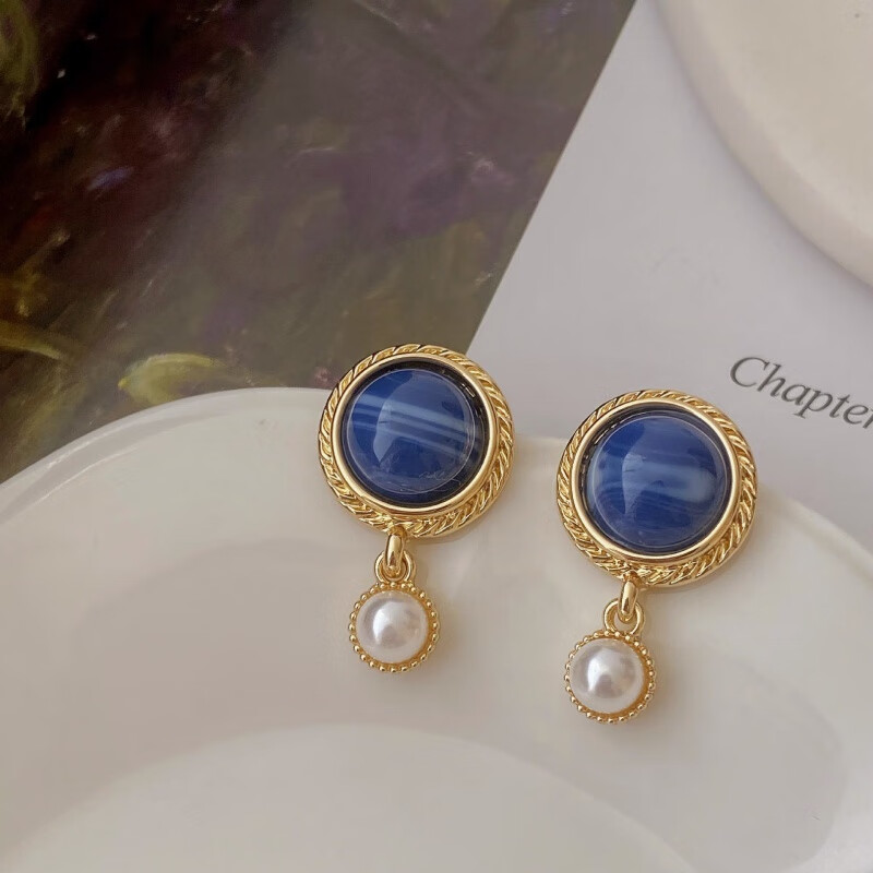 巴克乐乐2023年新款温柔气质蓝珍珠耳环女法式复古宫廷风时尚耳钉银针