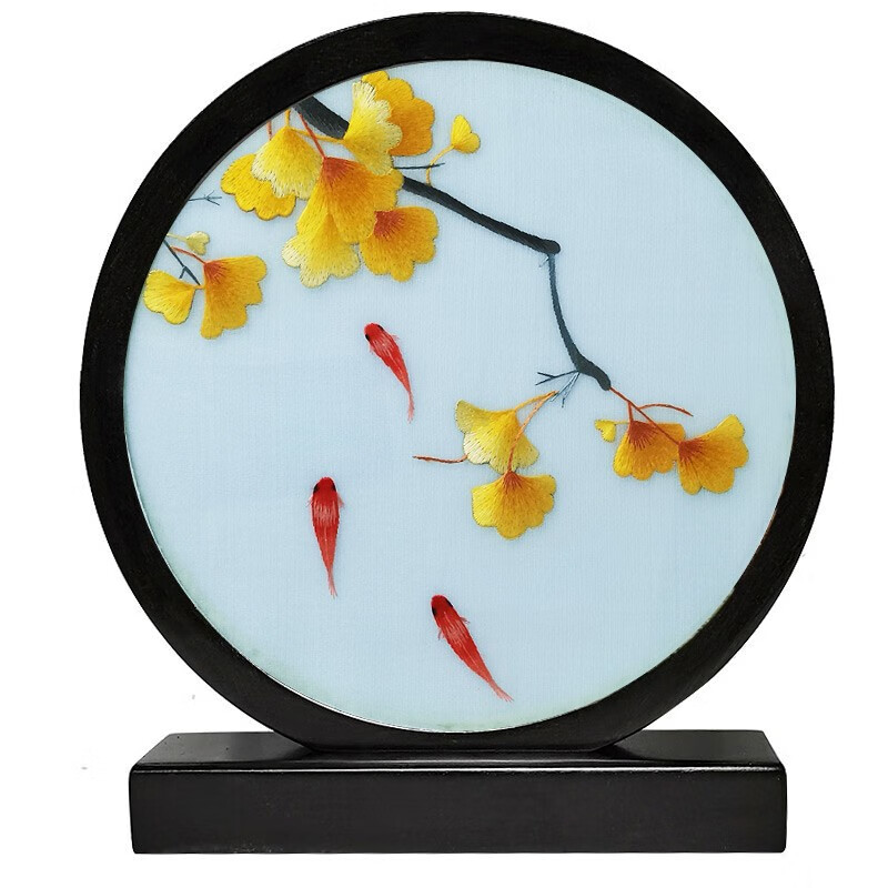 老秀馆 蜀绣手工刺绣双面绣檀木摆件四川特色礼品送老外出国礼物送