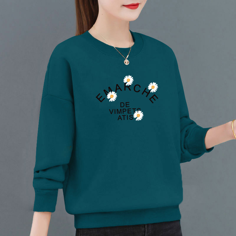 中年ma妈秋装百搭上衣长袖2022时尚宽松洋气薄款打底 孔雀蓝四朵菊花