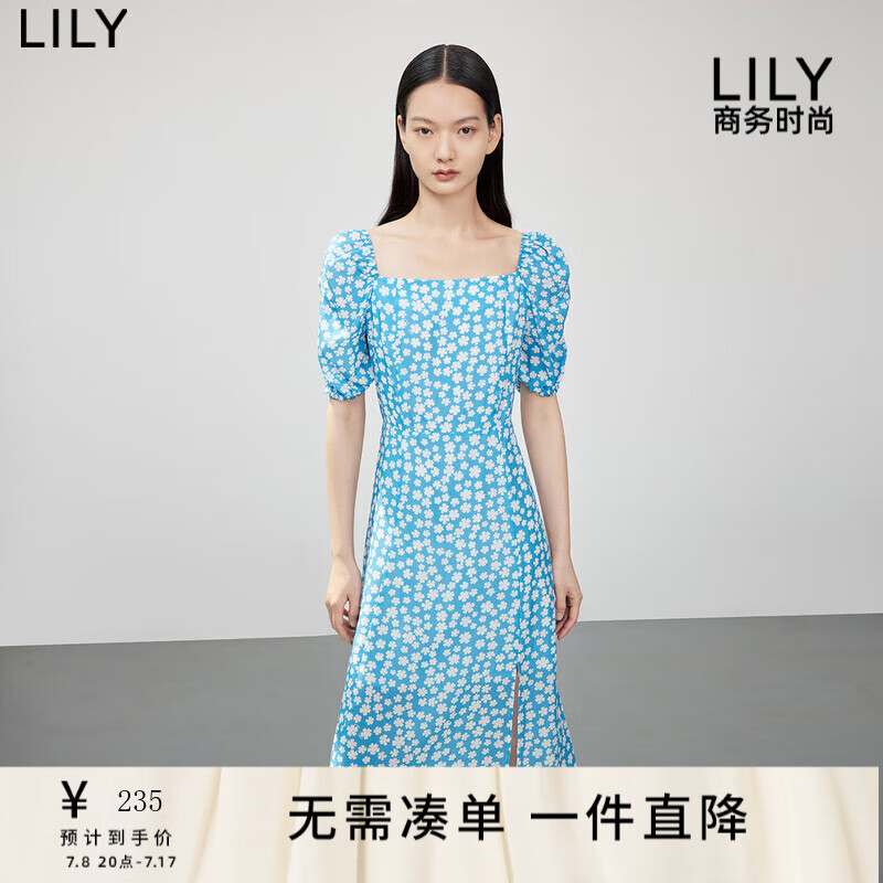 LILY【商场同款】2023夏新款女装高品质天丝气质方领五分袖连衣裙 423玛瑙蓝 M