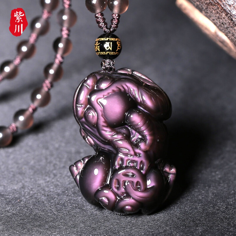 紫川 振翅财禄男士貔貅项链纪念品红眼冰种黑曜石貔貅吊坠实用送女友