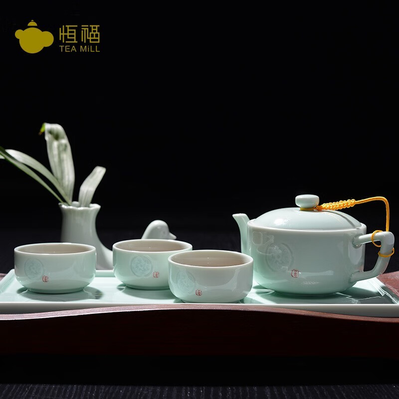 恒福陶瓷茶具套装龙泉青瓷功夫哥窑古意宽口茶壶组礼盒 越窑古意宽口