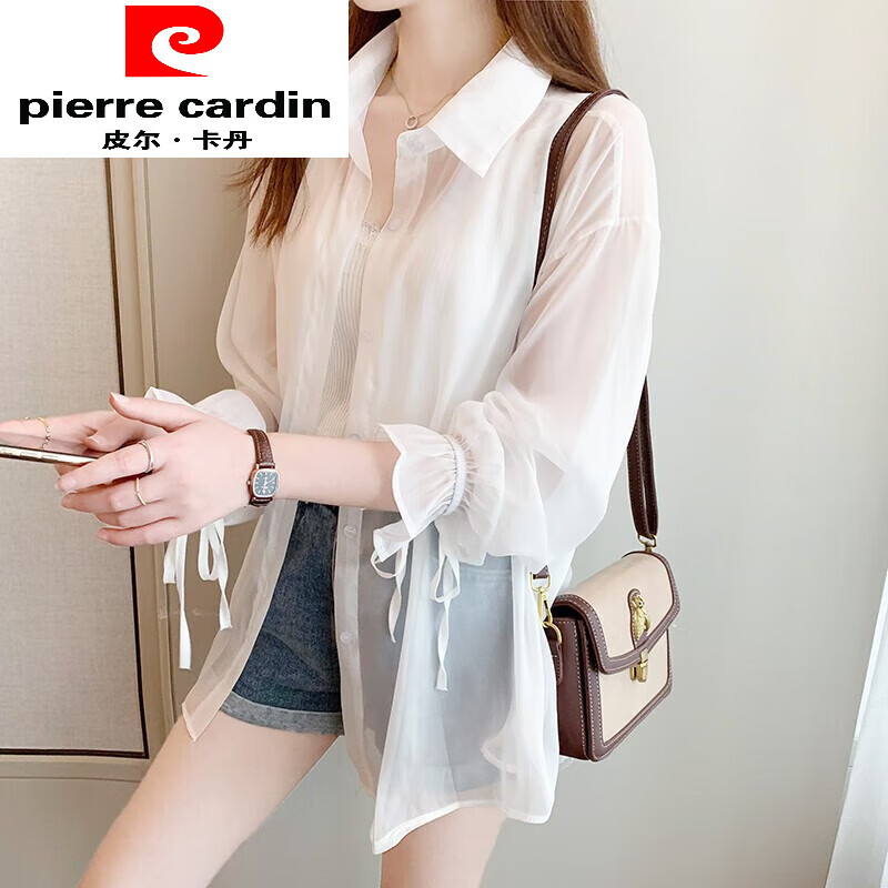 皮尔卡丹（pierre cardin）粉色防晒服衬衫女2025夏新款透气冰丝防晒衣薄款雪纺开衫外套上衣 白色 L