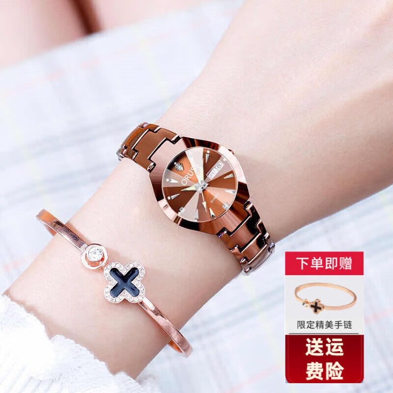 IGIFTFIRE 时尚潮流瑞士全自动钢带女士手表女表防水夜光机械石英简约气质 玫瑰金女款【双日历】+手镯