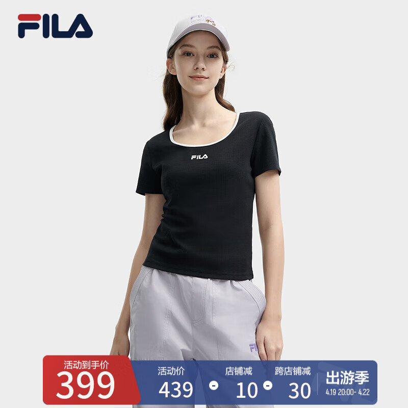 FILA 斐乐官方女子针织短袖衫2024夏新款时尚休闲简约U领修身T恤 正黑色-BK 170/88A/L