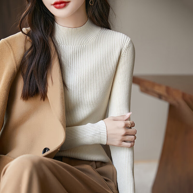 香影芬2025秋冬新款半高领棉线针织毛衣女修身内搭洋气打底衫女百搭上衣 米杏色 M (建议95-105斤)
