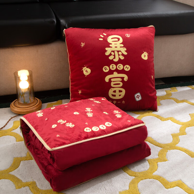 抱枕红色喜庆水晶绒抱枕被男女孩好运暴富宿舍沙发座椅靠 bb-发财暴富