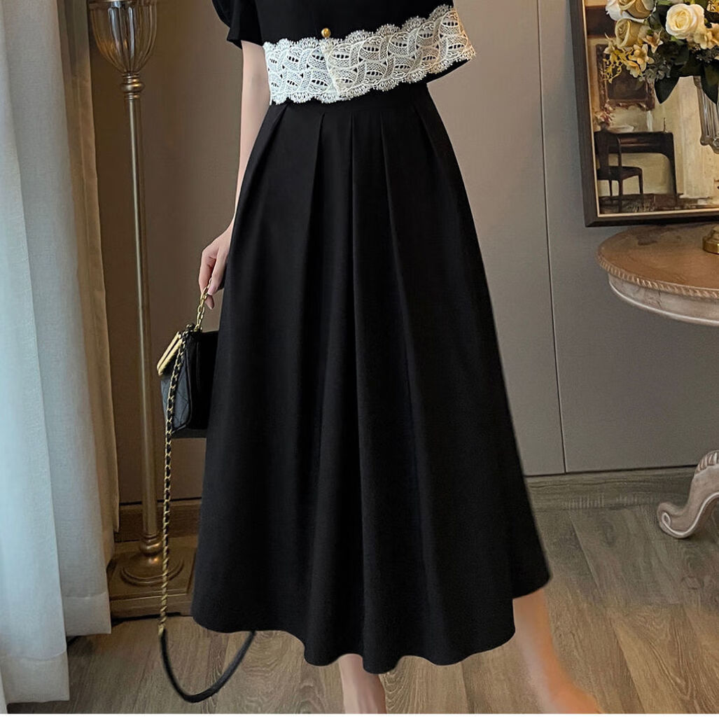 连衣裙赫本风气质名媛黑色高级感显瘦伞裙泡泡袖上衣两件 黑色长裙 s