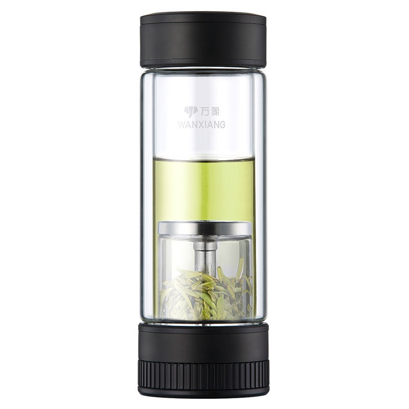 万象(WANXIANG)双层茶水分离玻璃杯V258L枪黑色310ML商务办公礼盒装机械开关水杯