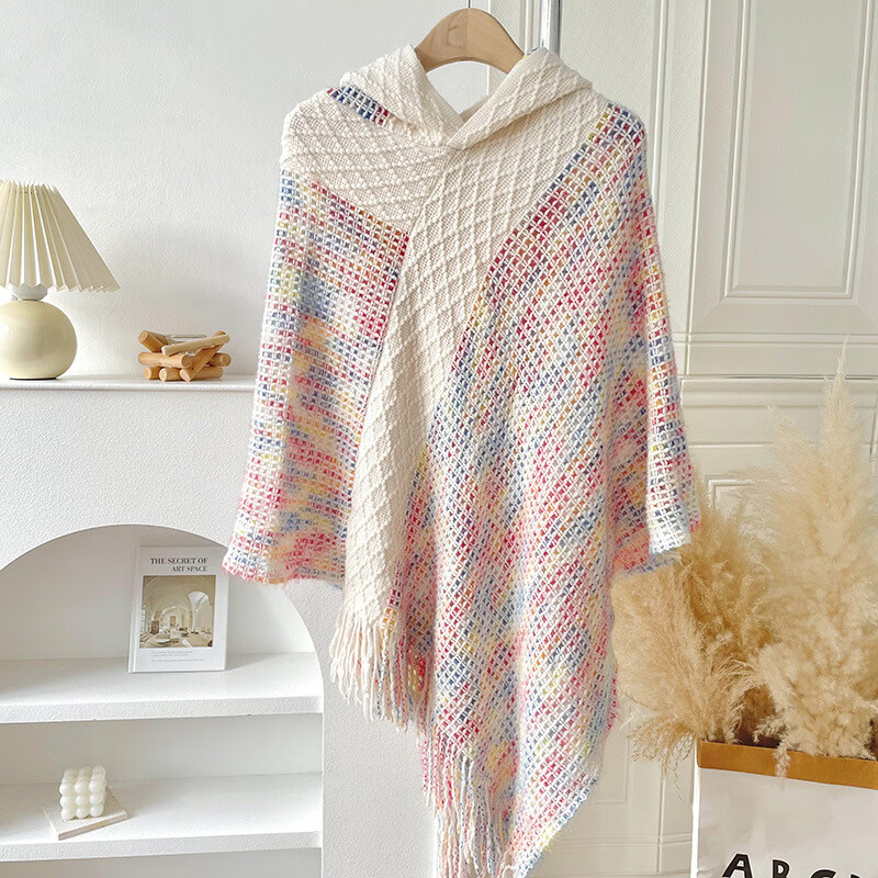 芊艾伊民族风针织套头流苏连帽披肩女丽江云南旅游拍照加厚保暖斗篷