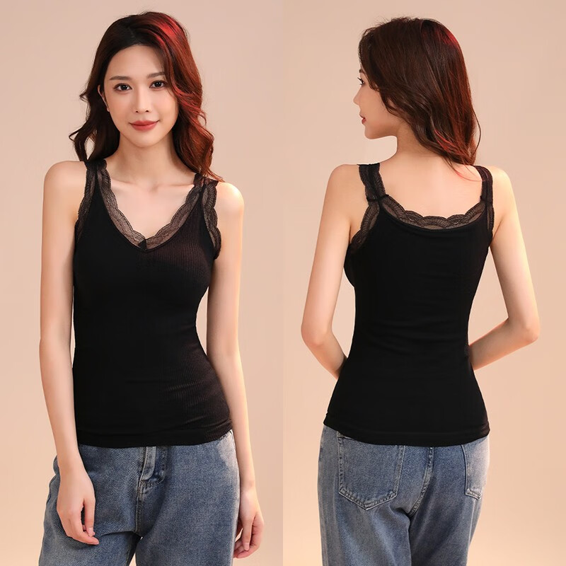 六月玫瑰2件装冬天女士保暖内衣打底衫加绒加厚蕾丝打底内衣保暖背心女 黑+肤粉 均码
