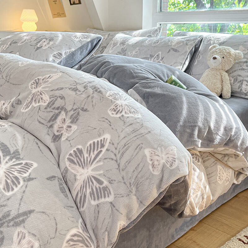 兰芮A类牛奶绒雕花保暖冬季四件套 蝴蝶-浅灰 1.5/1.8m床 床单款 被套200*230cm