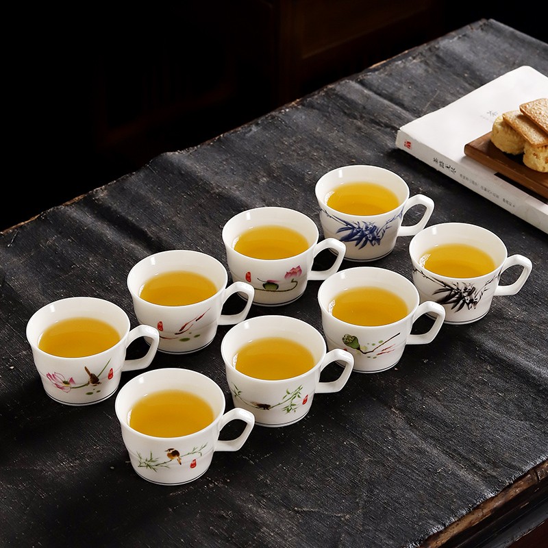 琪馨边 陶瓷有耳茶杯花茶普洱杯功夫茶具办公家用品茗带把茶杯定制 套杯8个混装
