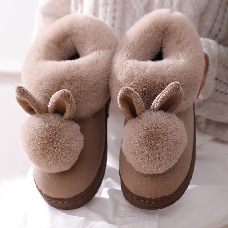 冬季韩版卡通球兔棉拖鞋女可爱包跟居家月子鞋防滑保暖棉鞋亲子鞋 浅棕色(女款) 38-39(适合37-38)