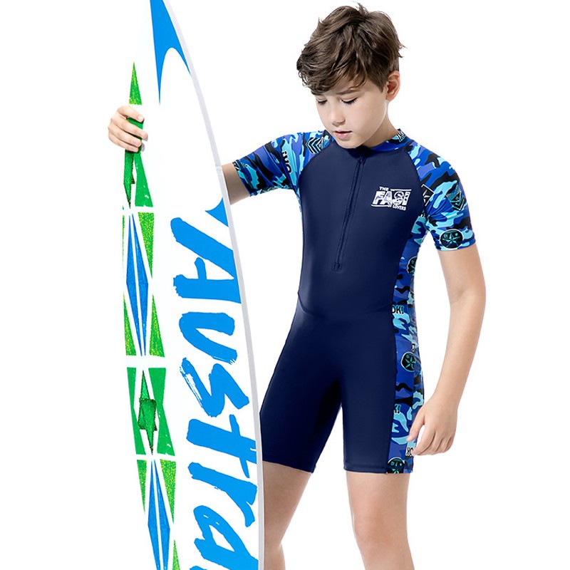 儿童泳衣男童连体泳裤套装男孩中大童长袖游泳衣青少年防晒泳装备 迷彩蓝短袖（A款） M