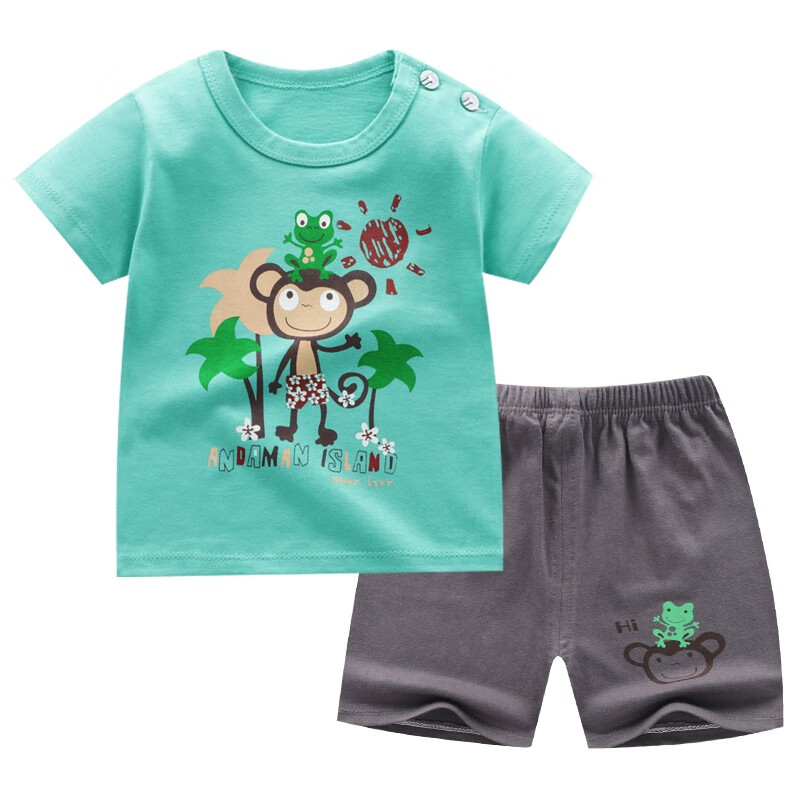 儿童短袖套装纯棉短袖T恤短裤男女童夏季童装衣服 K018-绿底猴子 120cm