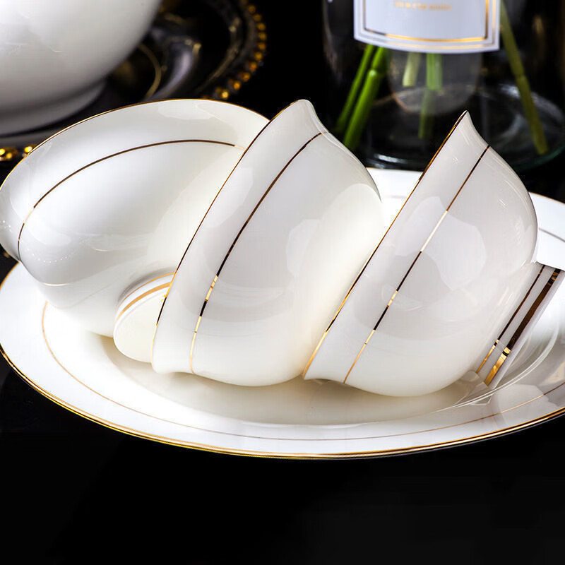 百春宝景德镇饭碗陶瓷碗描边饭碗家用十个装防烫手