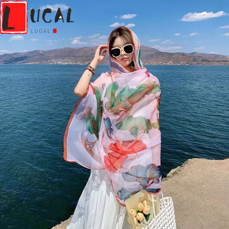 LUCALY民族風圍巾超大防曬披肩女夏季薄款外搭云南絲巾百搭海邊沙灘紗巾 優(yōu)柔紗-混色銀杏