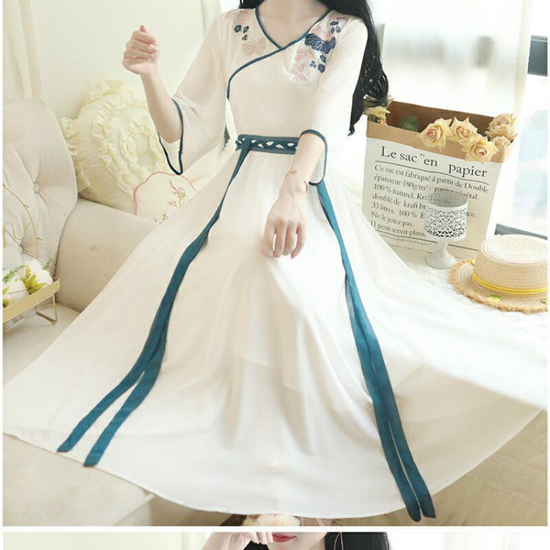 慕林挽女装夏季2024新款古装汉服裙子洋气收腰遮肉显瘦连衣裙女 白色