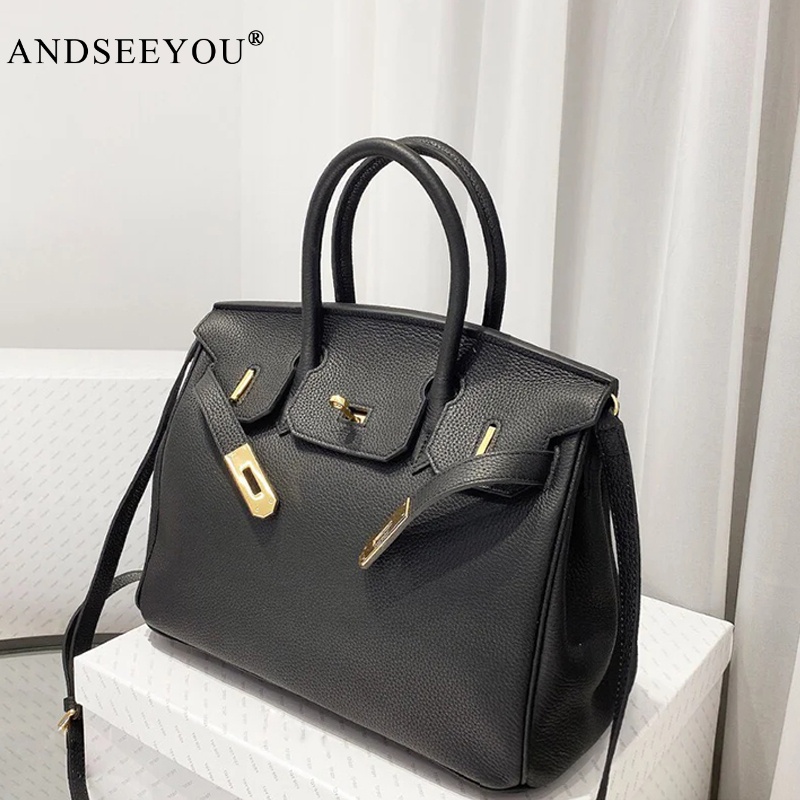 ANDSEEYOU頭層牛皮鉑金包女包真皮凱莉包2025新款新娘包大容量單肩包手提包 黑色35cm 荔枝紋頭層牛皮