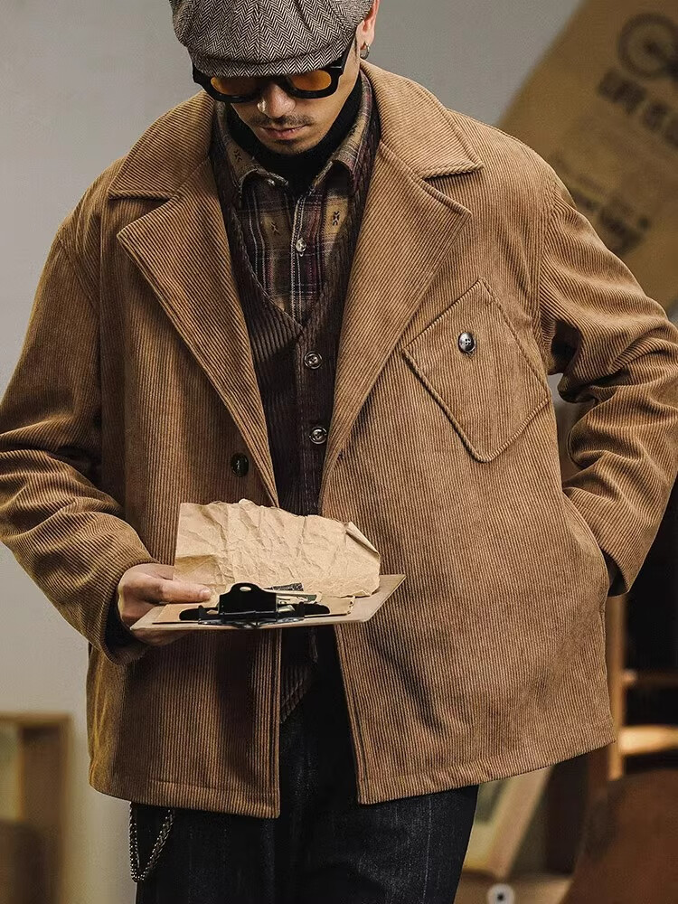 山头林村美式重磅复古通勤休闲西装外套男春秋季宽松型男夹克潮牌上衣男装 棕色 3XL 3XL180-200斤