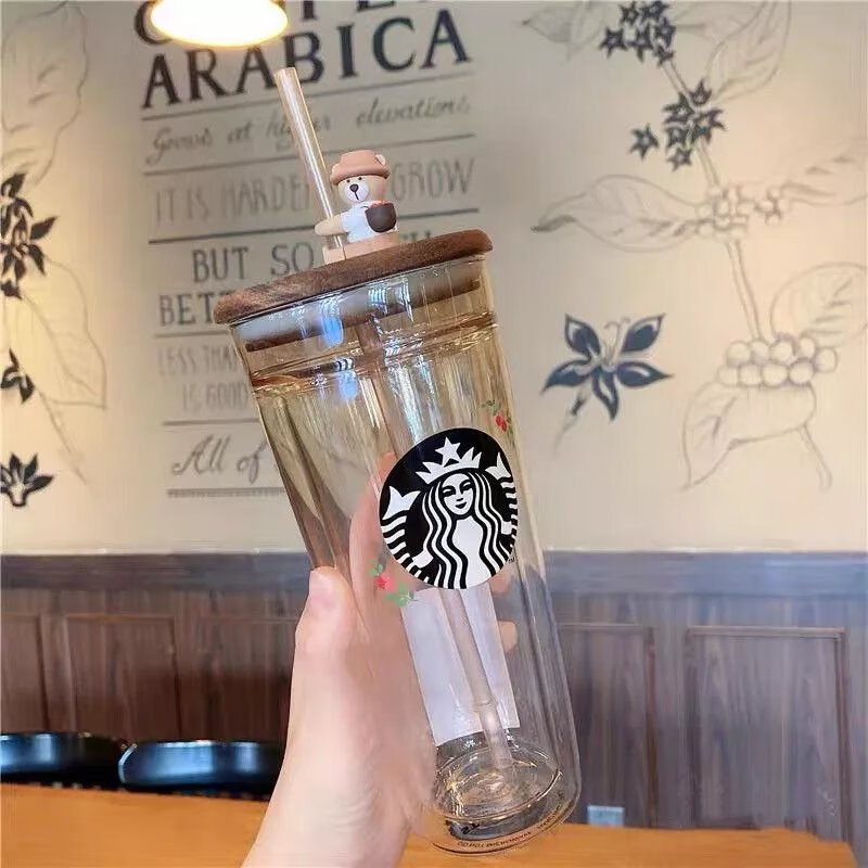 星巴克（Starbucks）杯韓國木蓋櫻花雙層隔熱玻璃杯可愛大容量高顏值小熊水杯吸管 木蓋小熊吸管杯