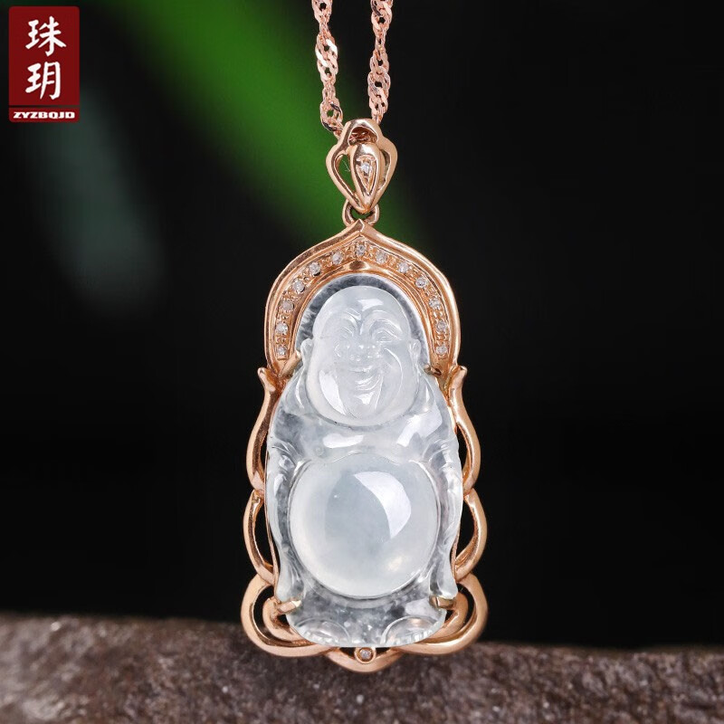 珠玥(zhuyue)「笑口迎福」翡翠吊坠白冰种佛公18k镶嵌玉佛挂坠
