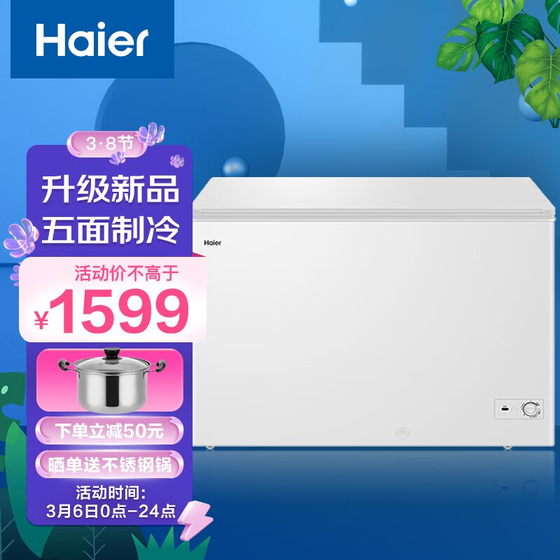 海尔（Haier）301升低霜节能家用商用冰柜 冷藏冷冻转换冰箱鑫蓝系列大冷柜BC/BD-301GH00W0