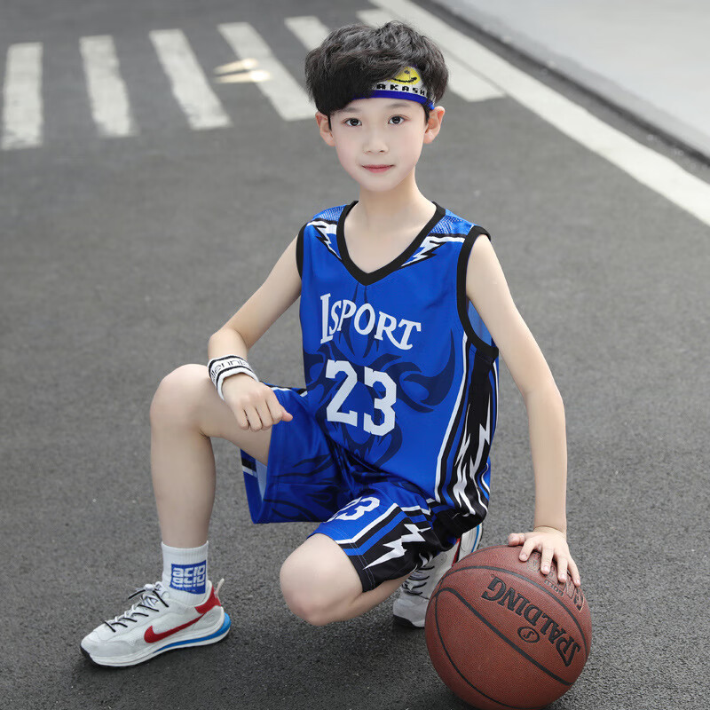 套装2024新款中大童儿童洋气短袖两件套帅气男孩运动 lsport篮球服蓝
